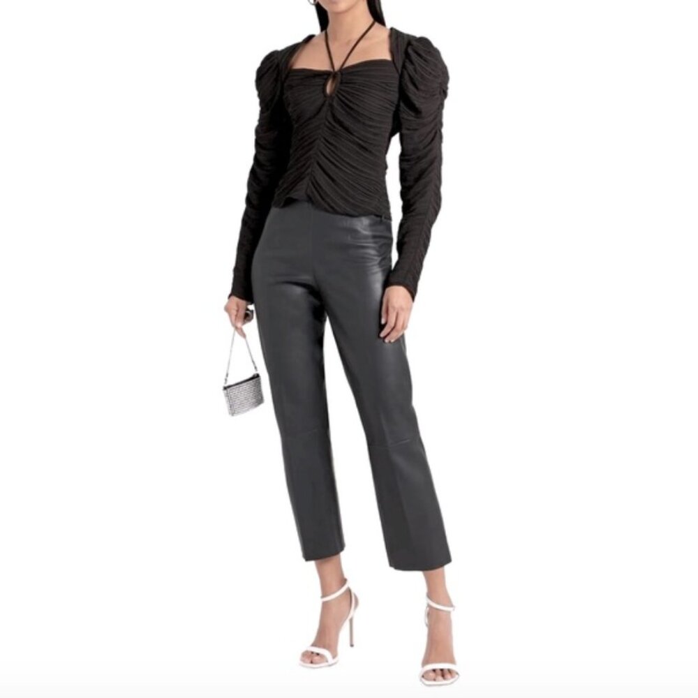 FRAME (NWT) Gathered Keyhole Tie Neck Top, Plissé-Crepe, Size L - Picture 3 of 16